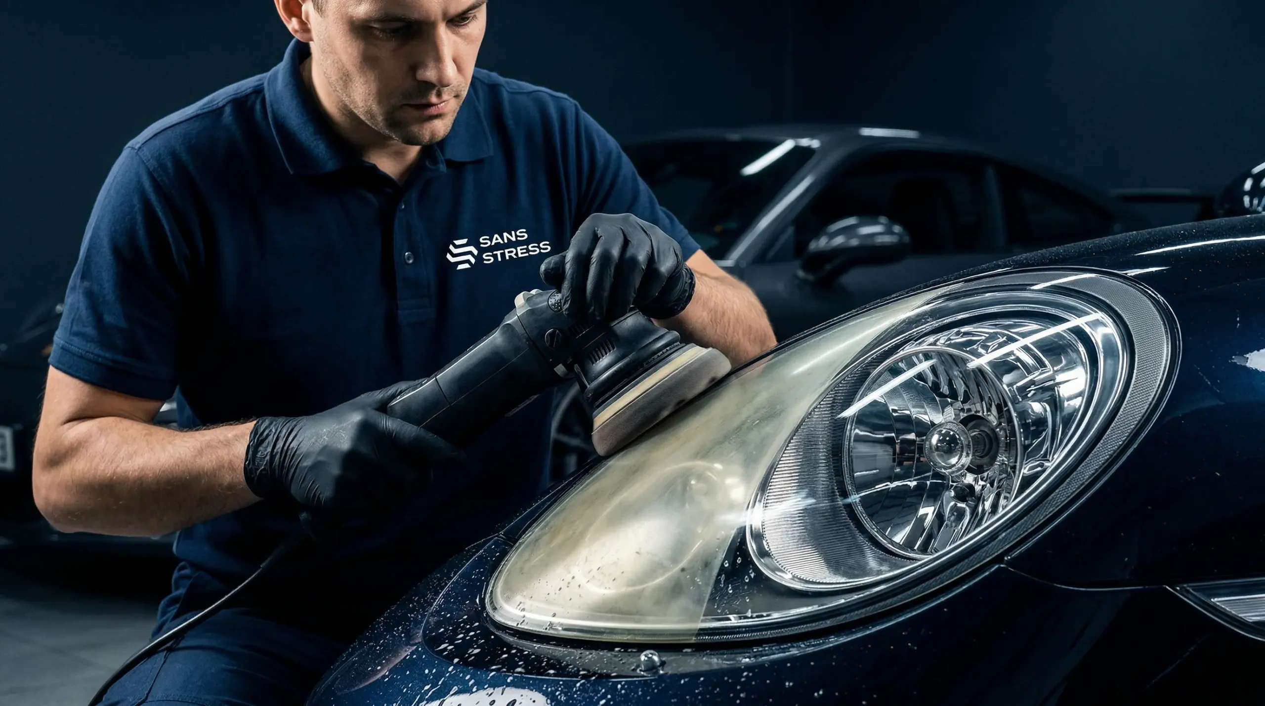 A professional tech using a polishing machine to restore a headlight